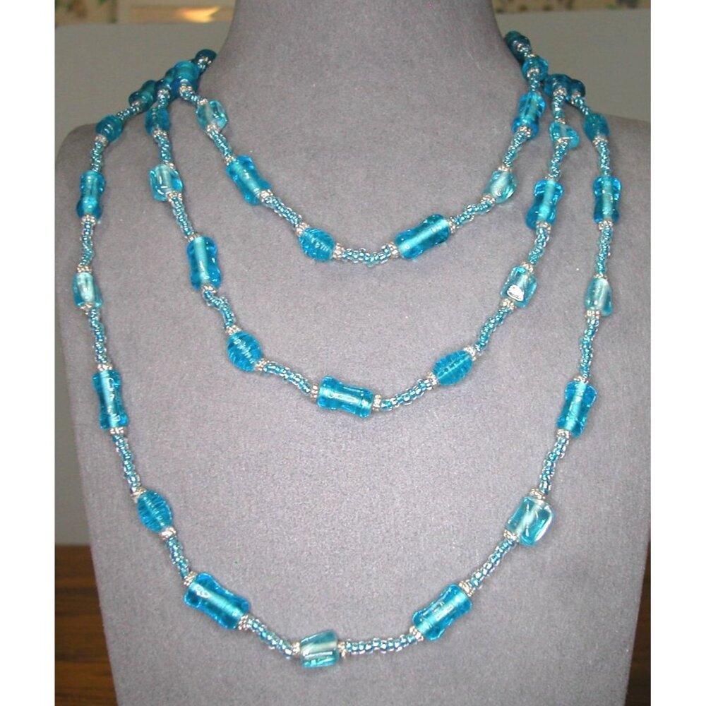 Blue Glass Bead Necklace 54" With 1.5" Silver-Tone Clip-On Earrings Set
